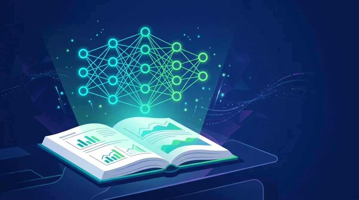 Abstrakcyjna wizualizacja sieci neuronowej nad materiałami edukacyjnymi