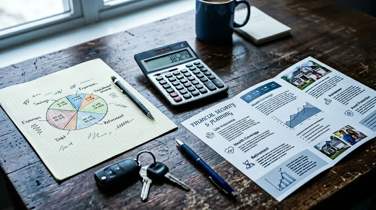 Planowanie budżetu: notatki, kluczyki i dokumenty na biurku — kontekst edukacji ubezpieczeniowej