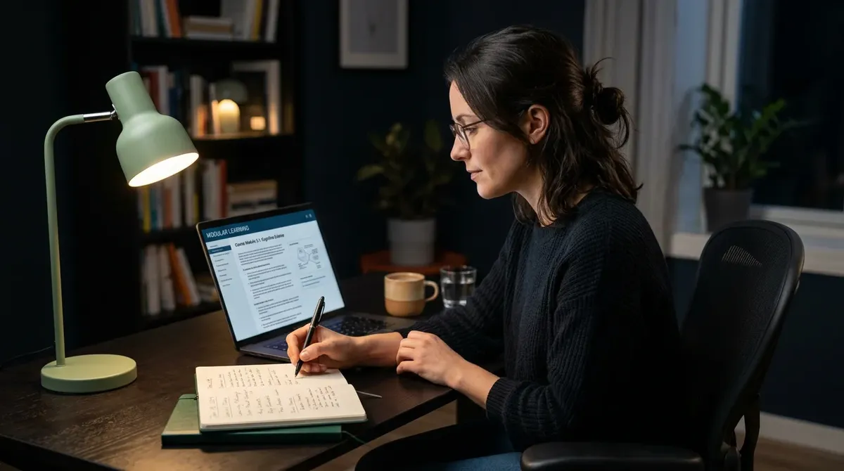 Osoba ucząca się przy komputerze — format modułów edukacyjnych commoneverypath.com