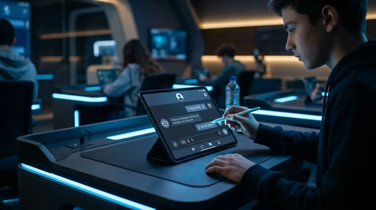 Tablet z interfejsem edukacyjnym i delikatnym światłem niebieskim