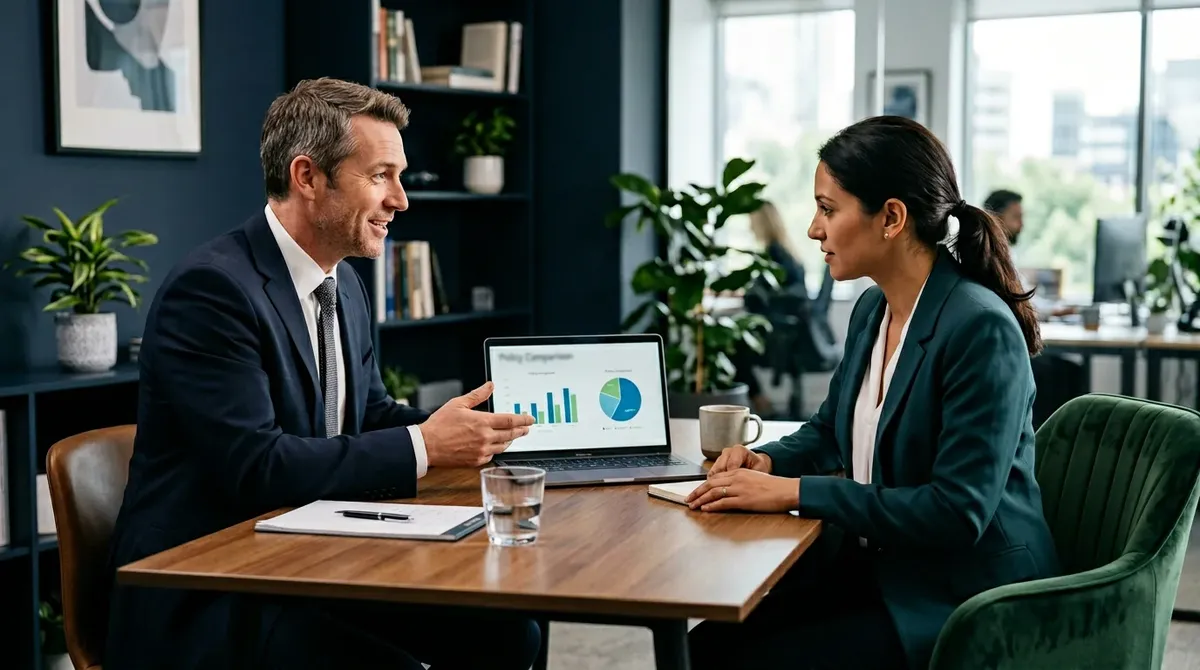 Konsultacja edukacyjna przy laptopie — planowanie dokumentacji polisy